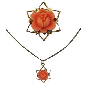 Faux coral rose pendant necklace vintage SKUJ041‎